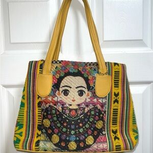 Frida Kahlo Tote Bag Yellow‎ Faux Leather Woven Front Panel
